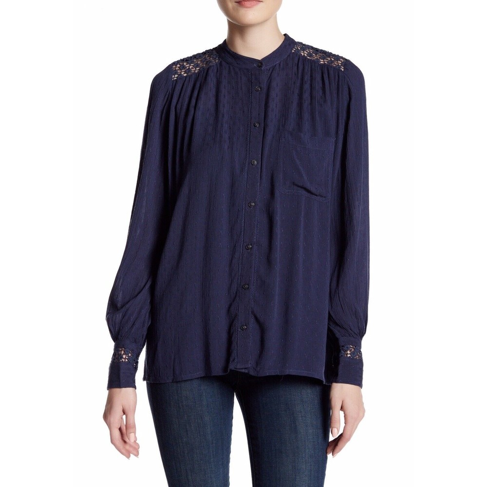 Free People The Best Button Front Blouse $108 XS Navy Blue